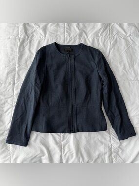 Talbots Italian Flannel Wool Zip Up Peplum Blazer Jacket 6 Navy Blue Business
